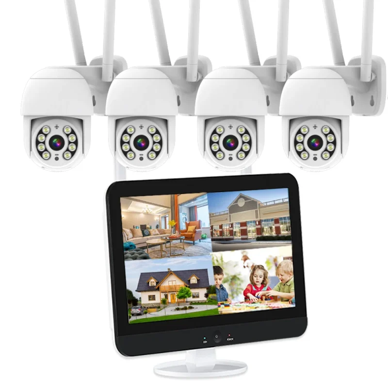 2K 3MP Wireless Security Camera System Outdoor Auto Tracking Wifi PTZ Camera with 10" LCD Monitor Color Night Vision 2-Way Audio