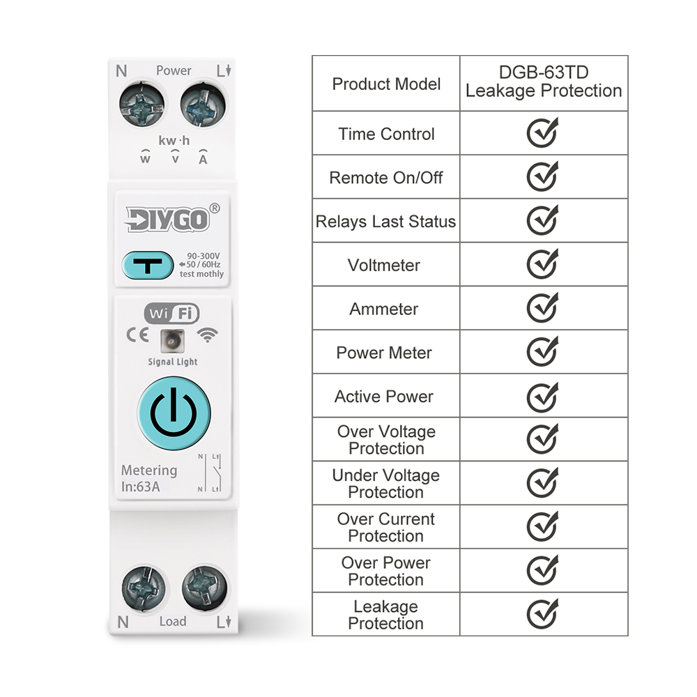 63A 1P+N WiFi Smart MCB Energy Meter Metering Breaker Voltage/Current Leakage Protection Tuya/SmartLife - Image 3