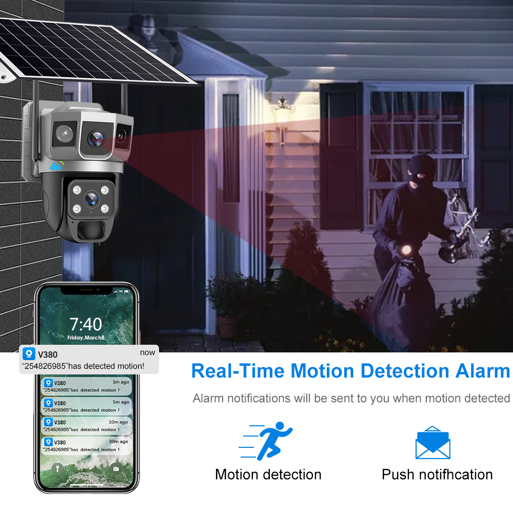 3 Lens 360 View Ptz Solar Camera 4g Sim Card Outdoor Security System Wireless Motion Detection Alarm App Remote 4g Solar Camera - Image 6